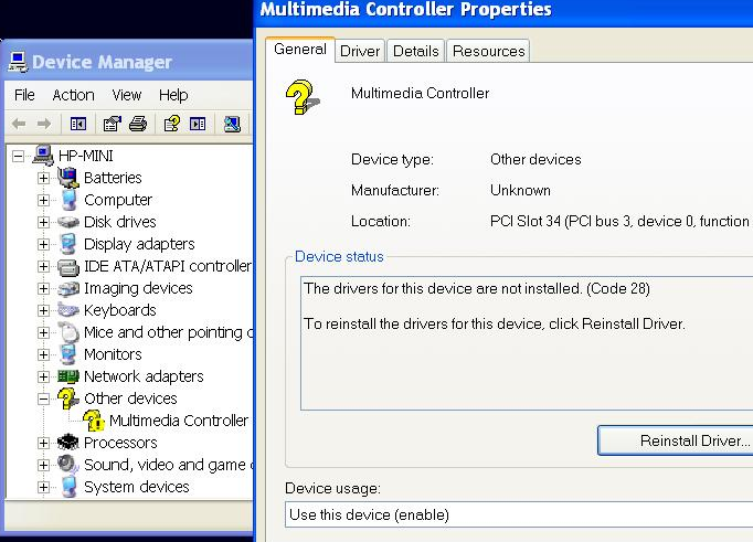 Device Manager on hp Mini
