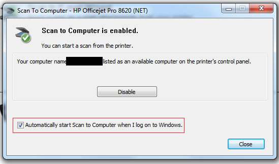 How to disable "Scan to Computer is enabled" message on boot... - HP  Support Community - 6973304