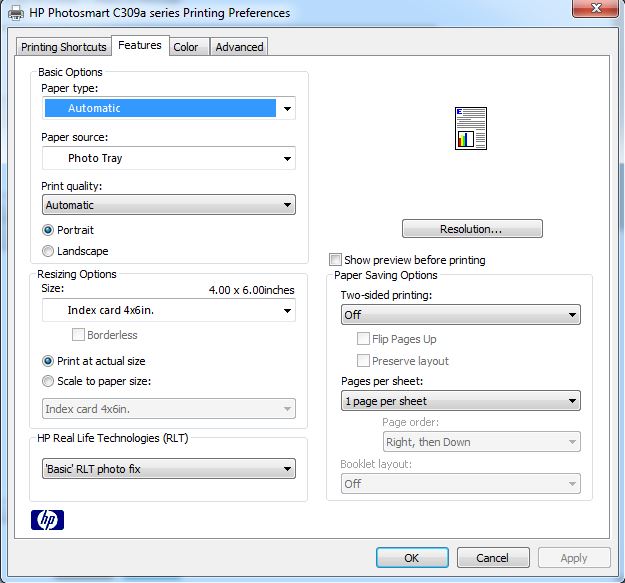 What is the secrect to print 4x6 Index Cards in an HP C309a HP