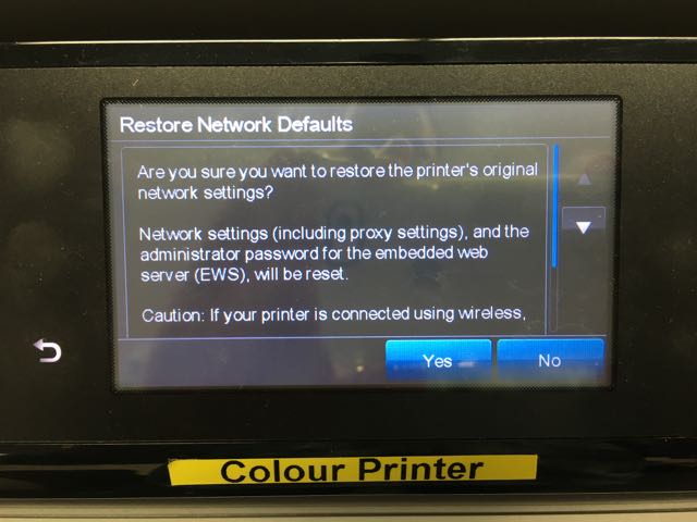 restore network defaults hp printer