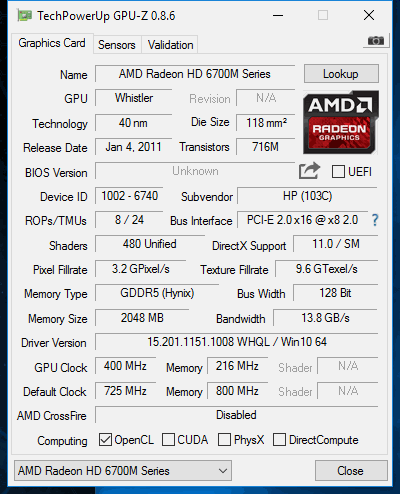 AMD Radeon HD 6700M Series memory clock stuck at 216mhz HP