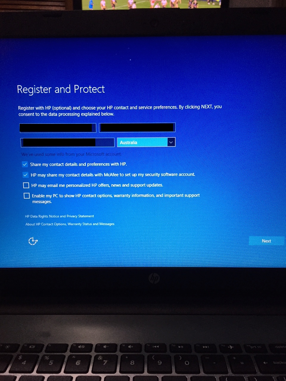 Won't let me past 'Register and Protect' screen after settin... - HP  Support Community - 5511764