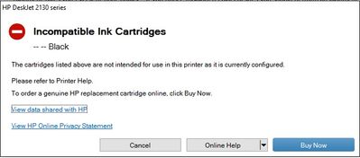 hp printer saying cartridge incompatible