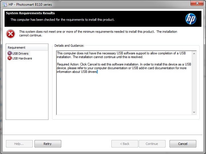 Solved Can T Install Drivers Usb Message Error Hp Support Community 5733455