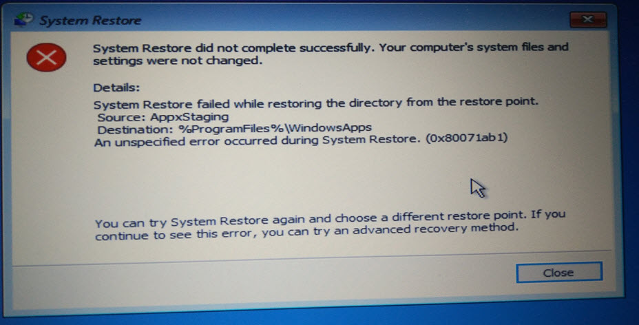 System restore failed