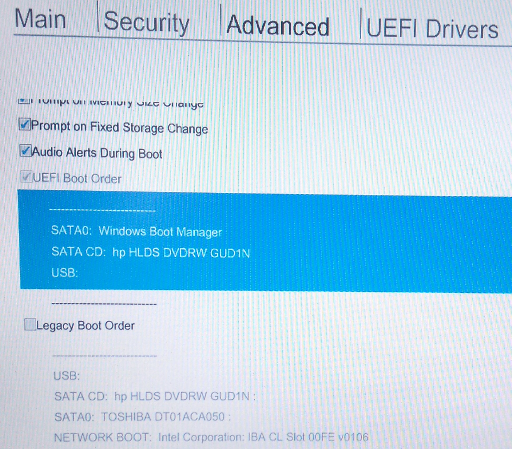 Disable Legacy Boot Order on Advanced Boot Options