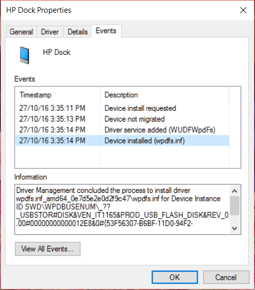 161027 Device Manager - HP Dock Properties - Events.png