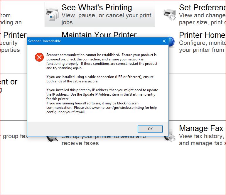 Error "scanner communication cannot be established" HP Support