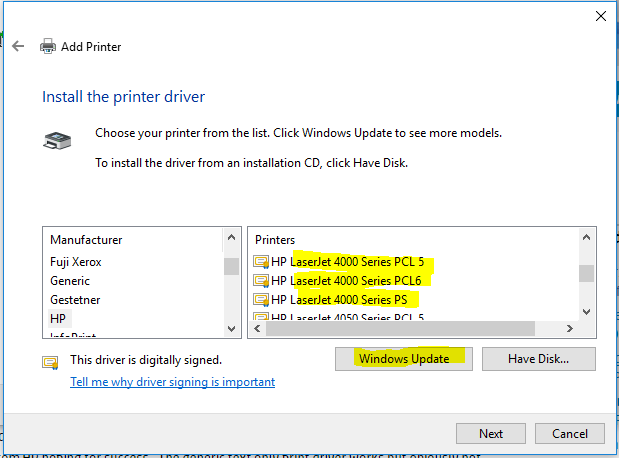 Windows 10 Printer Driver for HP Laserjet 4000 TN - HP Support Community -  5904904