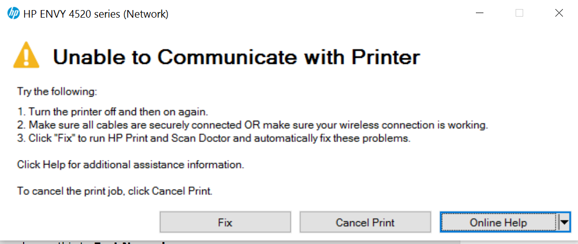 Printing error - "unable to communicate with printer" - HP Support  Community - 5912216