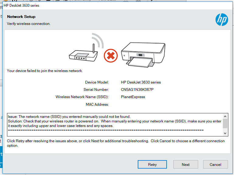 Deskjet 3630 - Unable to connect to wireless after changing ... - HP  Support Community - 5933314