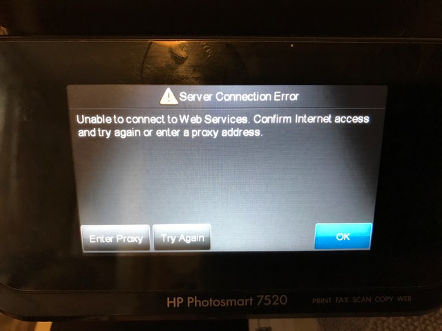 Solved: HP PhotoSmart 7520 "Server Connection Error" not connecting ... - HP  Support Community - 5981437