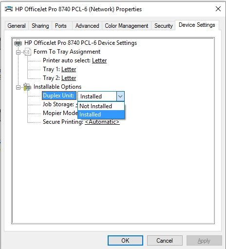 automatic duplexing unit not installed