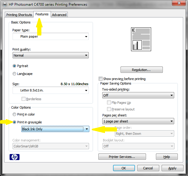 Printer suddenly printing in purple or pink, not black/white... HP