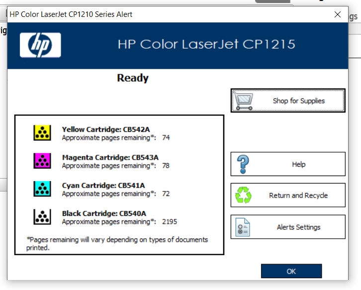 Solved: HP Color LaserJet CP1215 can't find toner levels - HP Support  Community - 6283342