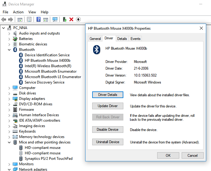 HP Bluetooth Mouse x4000b is connected/paired in Windows 10,... HP