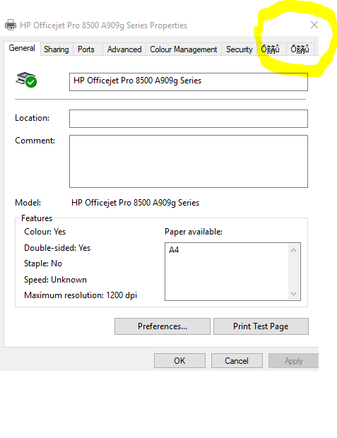 Solved: Printer Preference / Printer Properties with unusual charact... - HP  Support Community - 6402359
