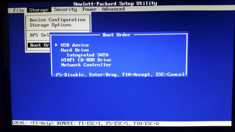 BIOS' "Storage Options> Boot Order " set properly to boot from USB first