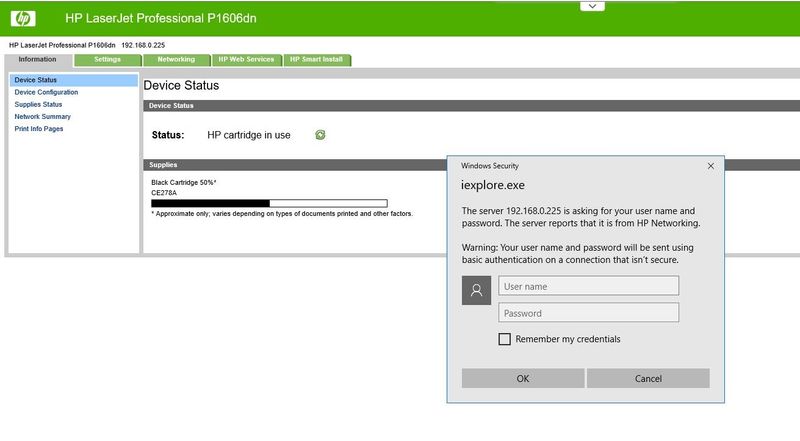 P1606dn username and password - HP Support Community - 6687481