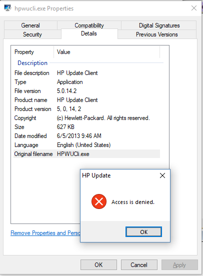 HP Update, Access is denied.