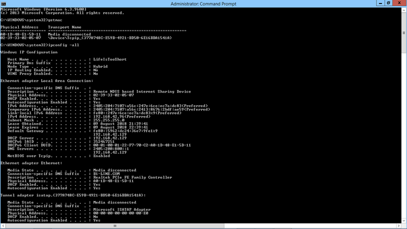 Result of getmac and ipconfig -all