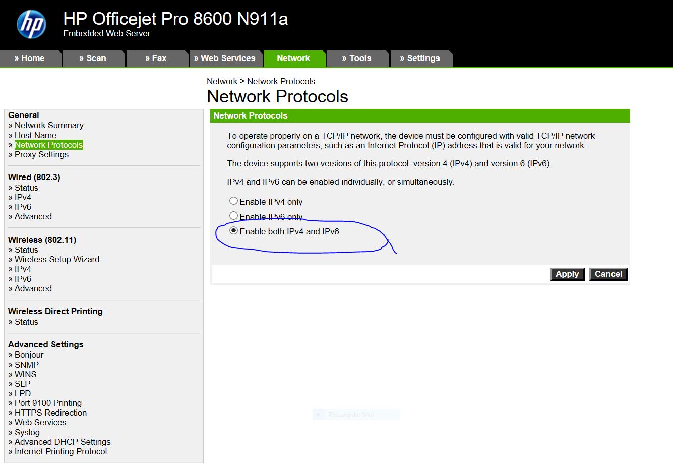 hp printer network settings