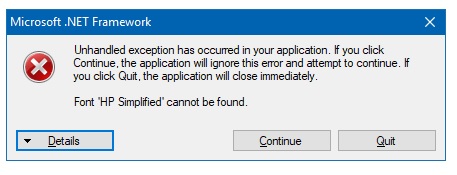 Необрабатываемое исключение в приложении шрифт hp simplified не найден