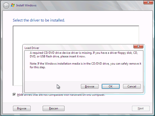 Solved: Windows 7 Installation Error | Load Driver & Missing CD/DVD ... -  HP Support Community - 6846966