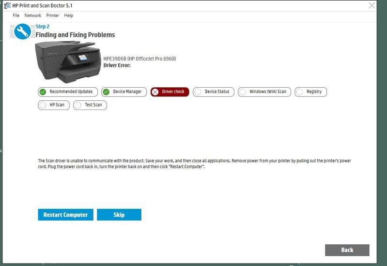 Solved: Officejet 6960, Win 10 "Scan to Computer is not available" - HP  Support Community - 6896781