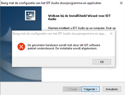 Error Message in the setup of the IDT audio driver, English translation would be: "The hardware detected is not supported by this IDT software package."