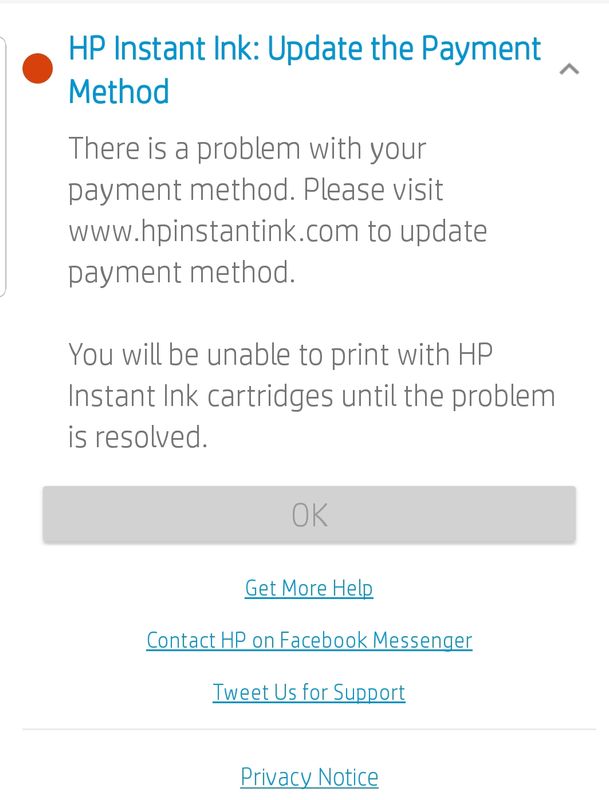 cannot print hp instant ink problem