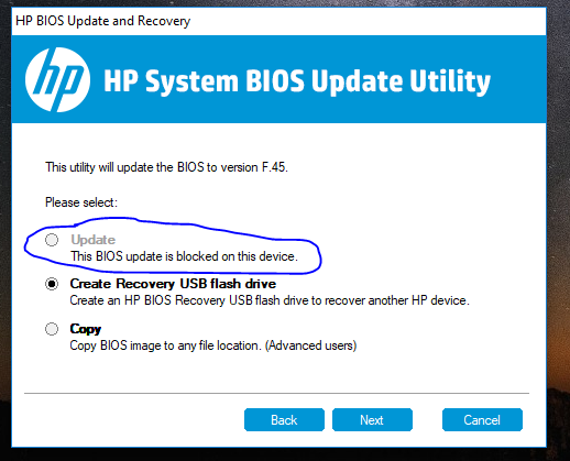this bios update is blocked on this device" - HP Support Community - 6978466