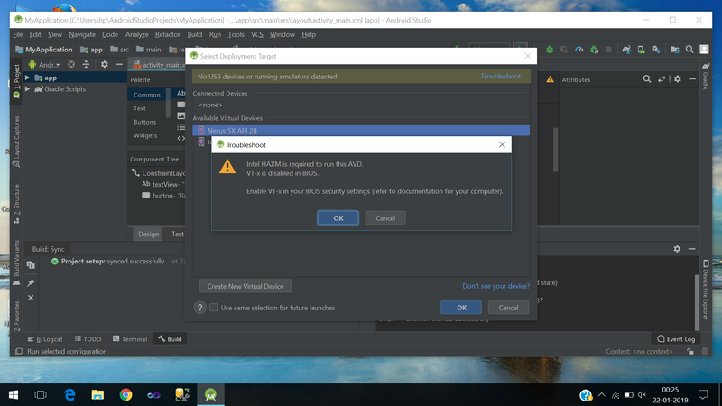 In Android Studio ,Run the AVD Manager  and it will give me Troubleshoot.