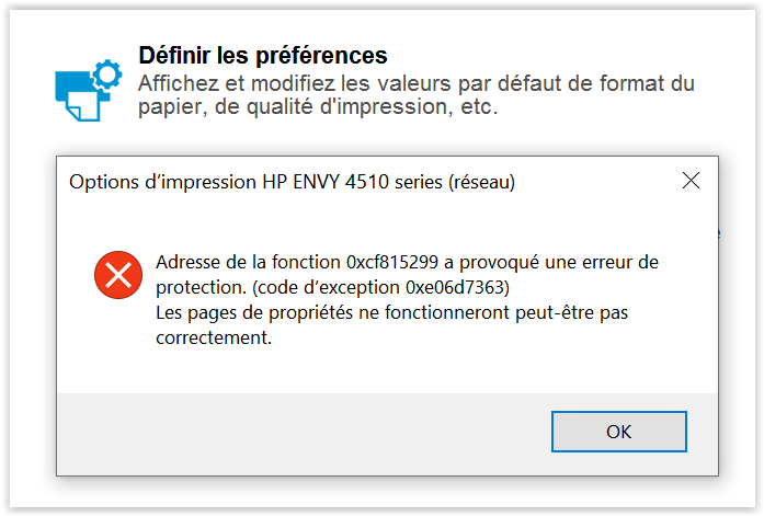 Printer preferences: exception code 0xe06d7363 - HP Support Community -  6984397