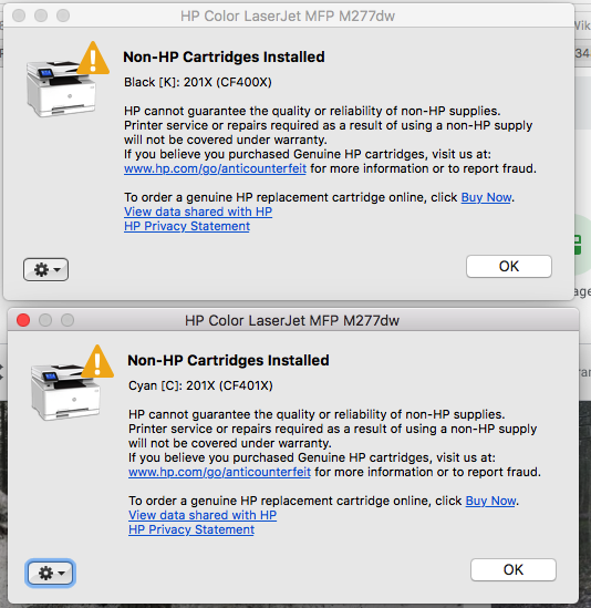 MPF M277dw "NonHP cartridge installed" how to get rid of t... HP