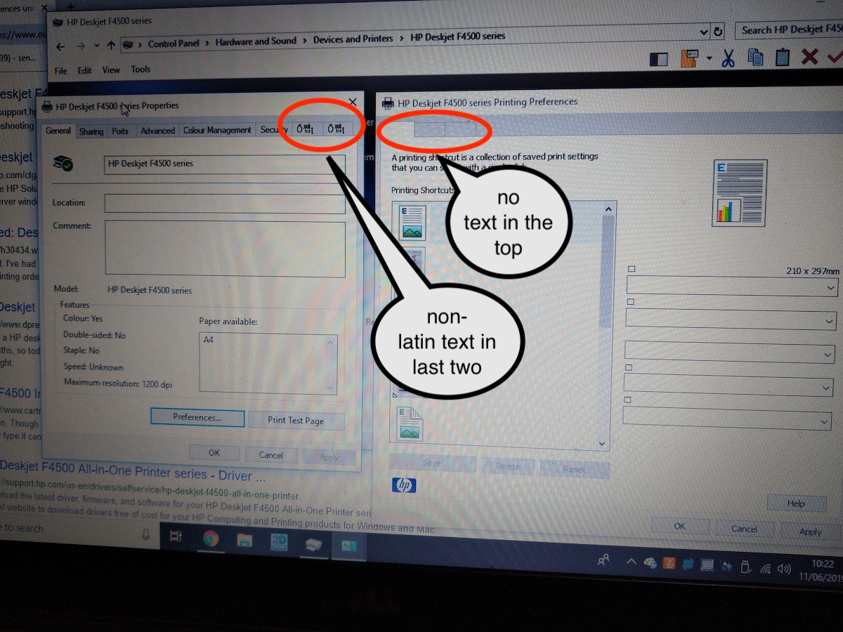 Print Preferences Dialog some text in non-latin script - HP Support ...