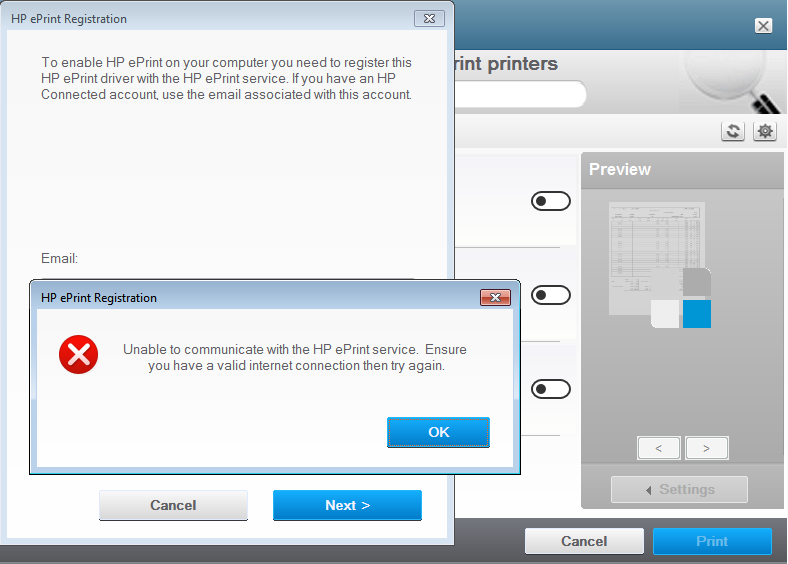 HP ePrint registration error - HP Support Community - 7181849