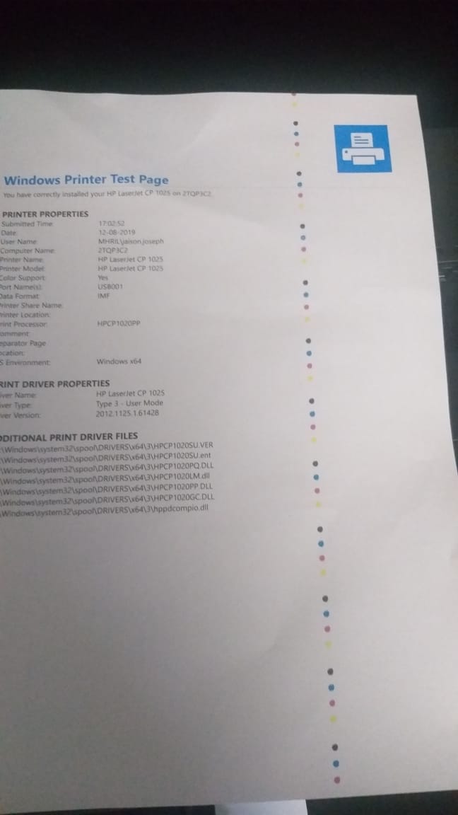 cp 1025 It prints a line of 4 color dots on every print I t... HP