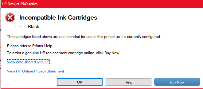 HP deskjet 2545 printer Cartridge not compatible error. - HP Support  Community - 7209534