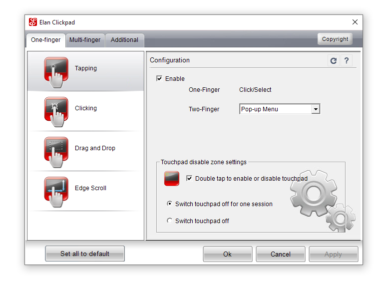 This shows the correct configuration to allow you to enable/disable the touchpad using your finger.