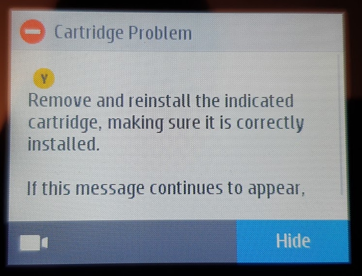 Solved: Remove and Reinstall Ink Cartridge Message - HP Support Community -  6690587