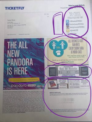 This is a print out of a concert ticket. All the sections circled in purple are supposed to have black ink, but clearly it was not printed correctly.