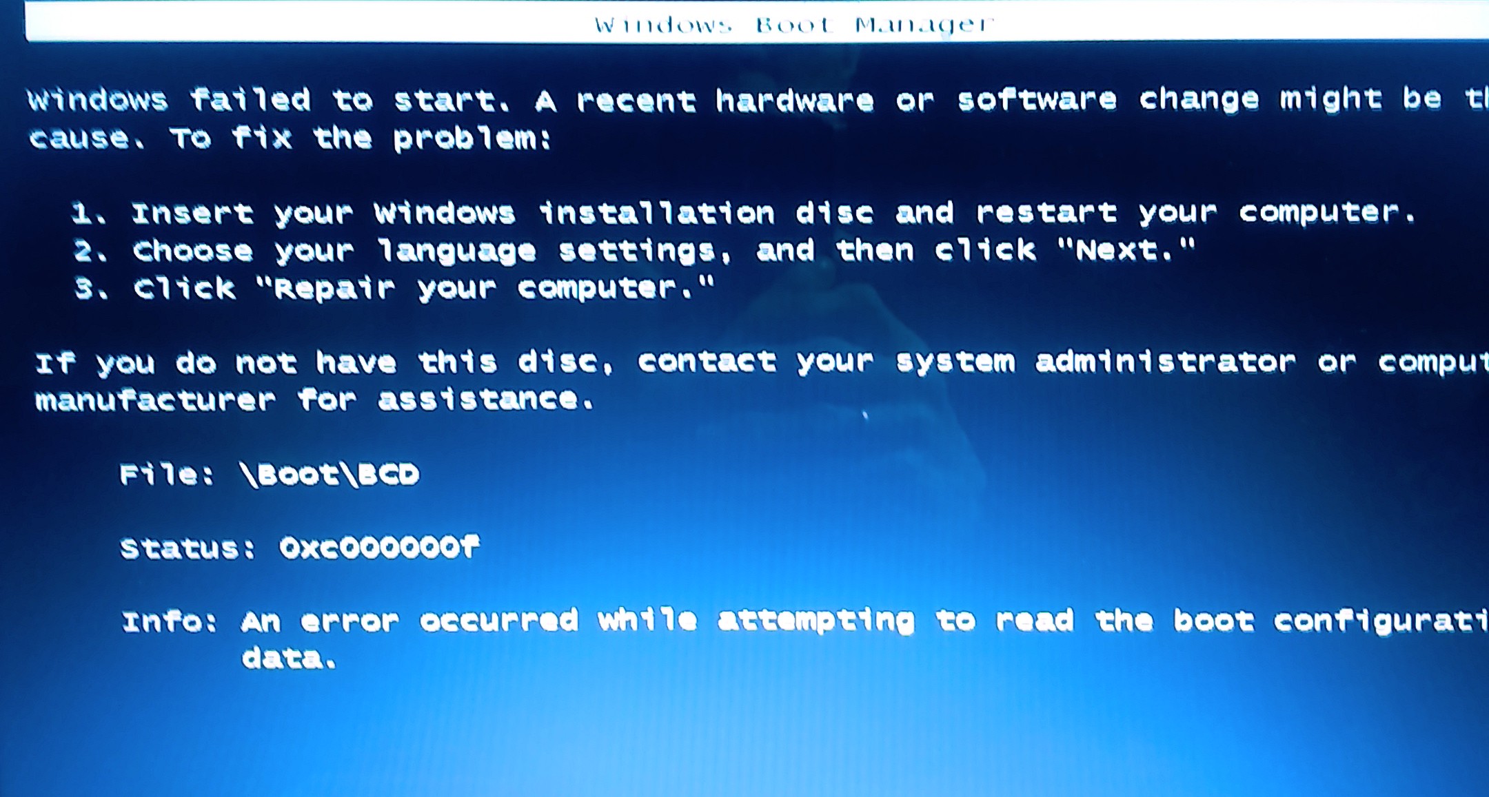 Stuck in Windows Boot Manager \Boot\BCD Status 0xc000000f HP Support