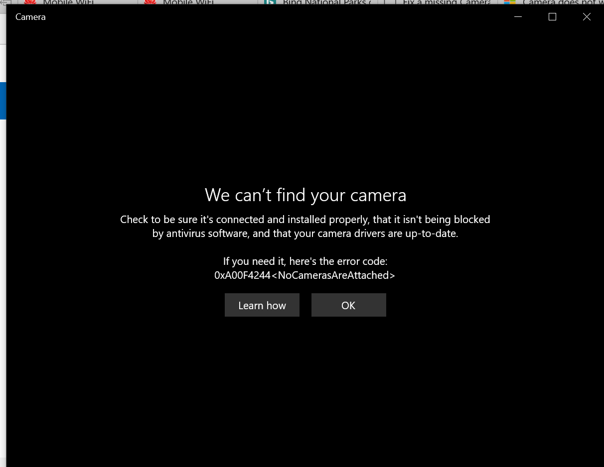 WINDOWS CAMERA ERROR CODE SHOWING.0XA00F4244 - HP Support Community ...