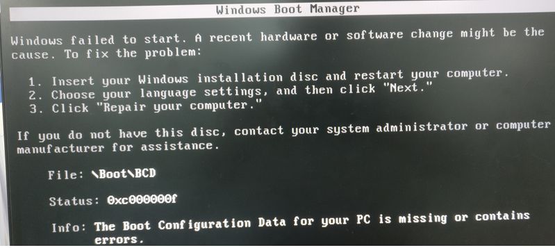 Boot configuration data for your pc is lost