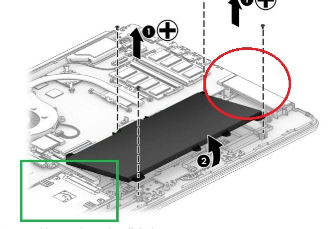 M.2 slot = red circle HDD = green square