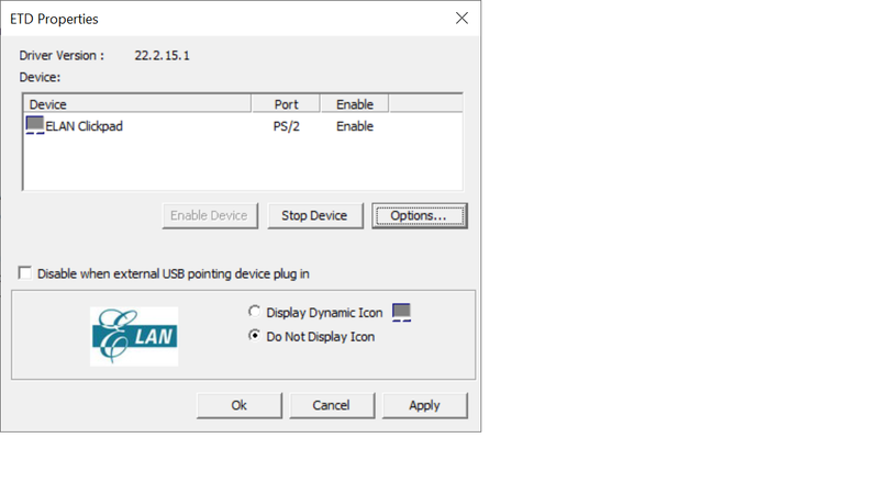 Elan Settings from Windows