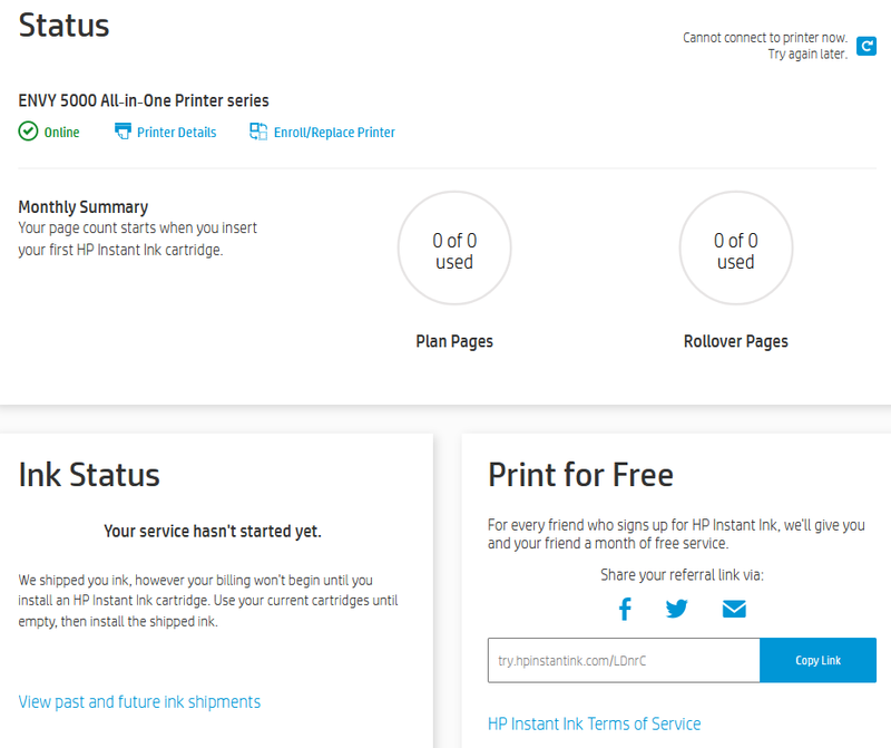 hp instant ink status cannot print