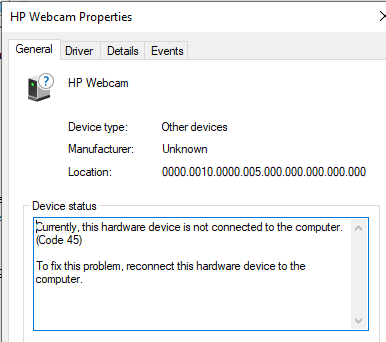 HP Webcam (Code 45) - HP Support Community - 7508106