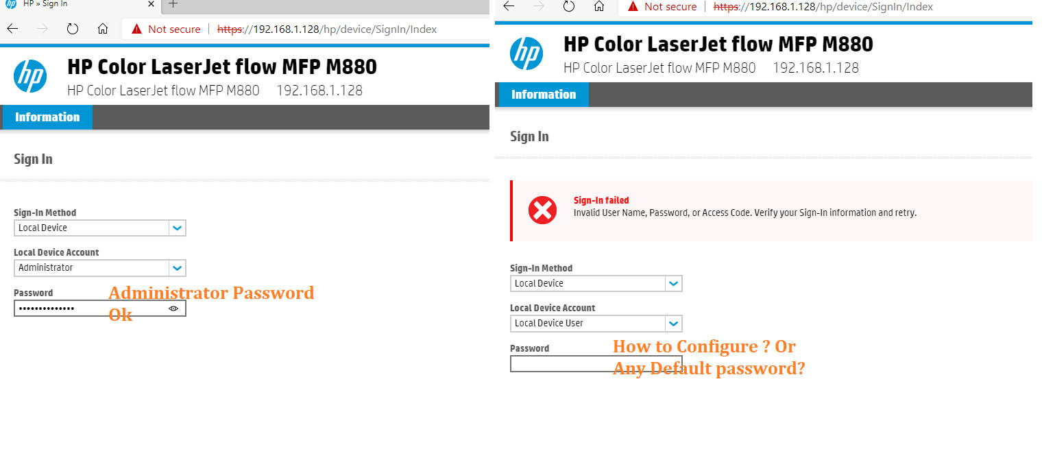 Solved: HP Color LaserJet flow MFP M880 | Local Device User | Passw... - HP  Support Community - 7524497